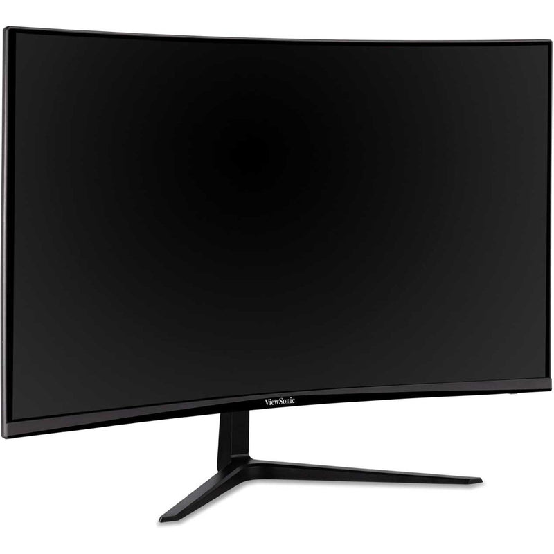 Profile view of black frameless curved gaming monitor on stand