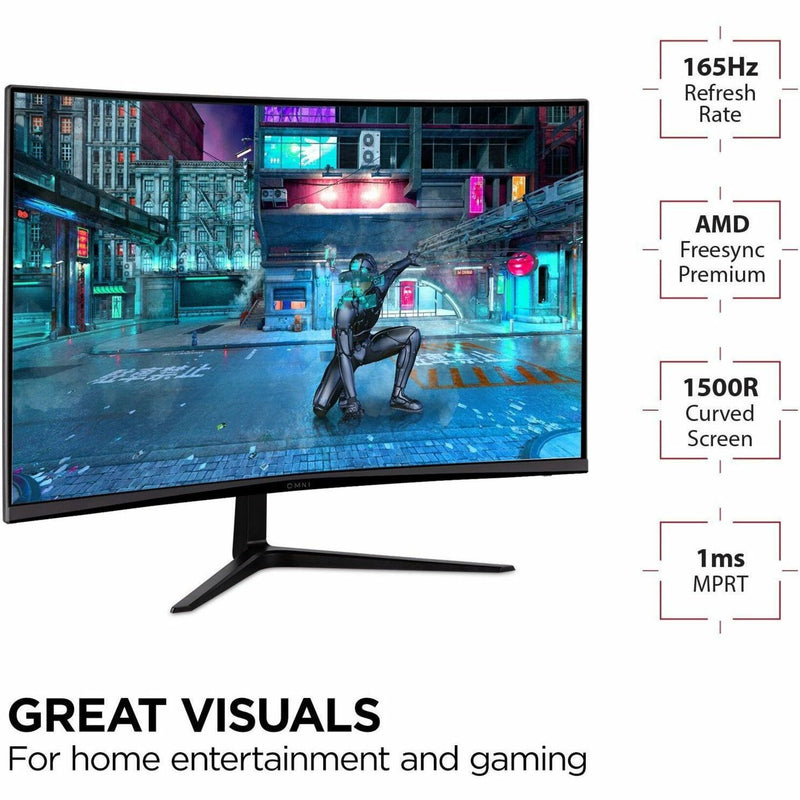 Gaming monitor displaying cyberpunk scene with technical specifications overlay