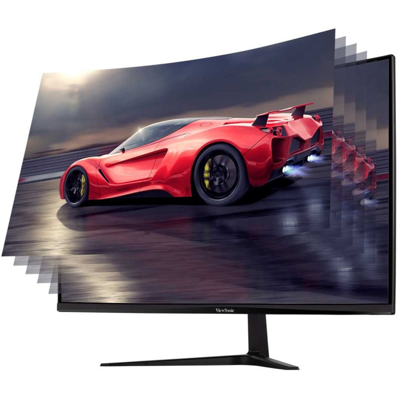 Monitor displaying red sports car with motion clarity demonstration