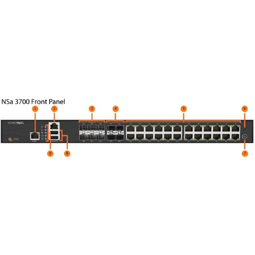 品牌名称：索尼克墙  SonicWall 02-SSC-4326 NSA 3700 网络安全/防火墙设备，24个端口，10个SFP+插槽，AES加密，DDoS防护