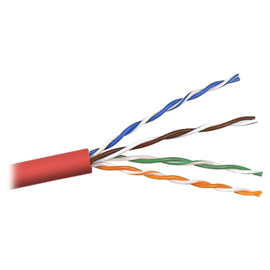 Close-up view of Belkin Cat6 cable showing red jacket and exposed color-coded twisted wire pairs