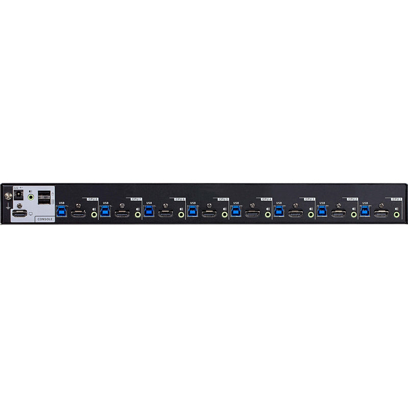 Rear panel view of ATEN CS18208 showing HDMI ports, USB 3.0 connections, and audio inputs for multiple computer systems