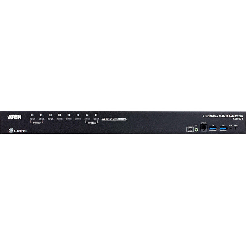 Front view of ATEN CS18208 KVM switch showing port selection buttons, status indicators, and USB 3.0 ports