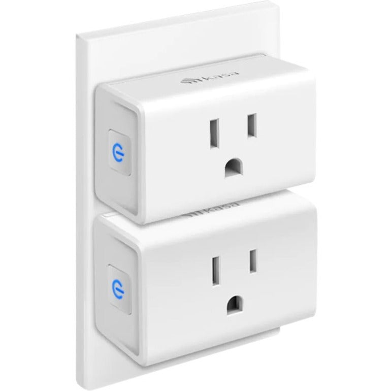 Two Kasa Smart Plug Minis installed in wall outlet showing flush mounting