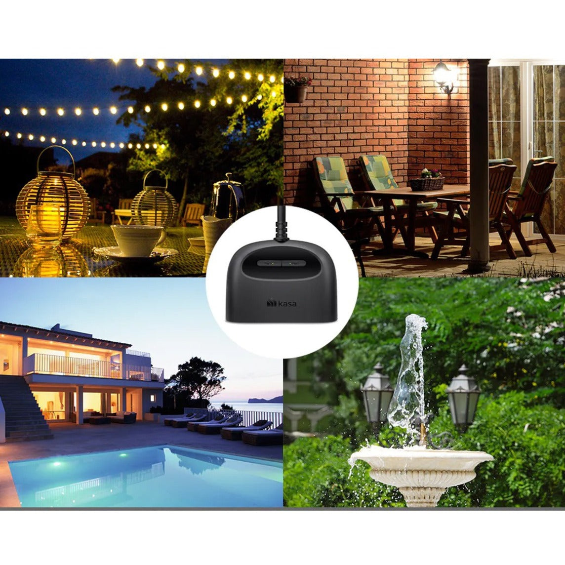 Collage showing various outdoor applications of Kasa Smart plug including lighting and water features-alternate-image5