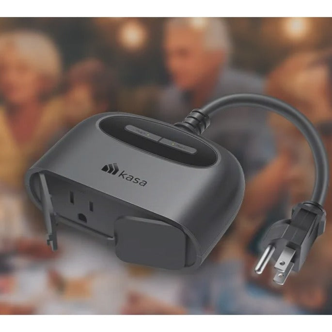 Profile view of Kasa Smart outdoor plug against blurred background-alternate-image4