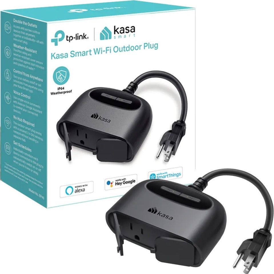 Product packaging of Kasa Smart outdoor plug showing compatibility with various smart home platforms-alternate-image2