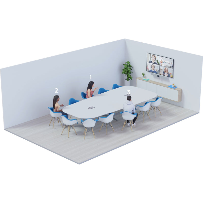 3D render of meeting room with Rally Bar Mini features highlighted