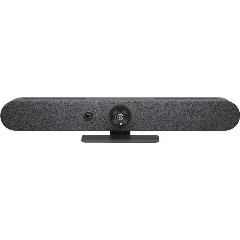 Front view of Logitech Rally Bar Mini showing dual lens system and speaker array