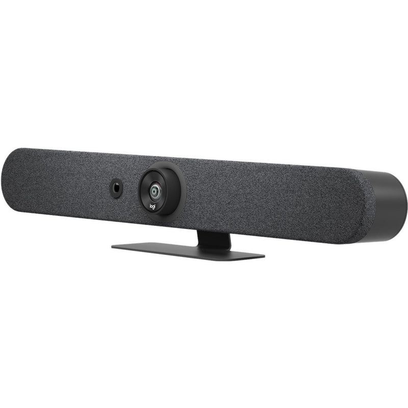 Side angle view of Logitech Rally Bar Mini showing mounting system and build quality