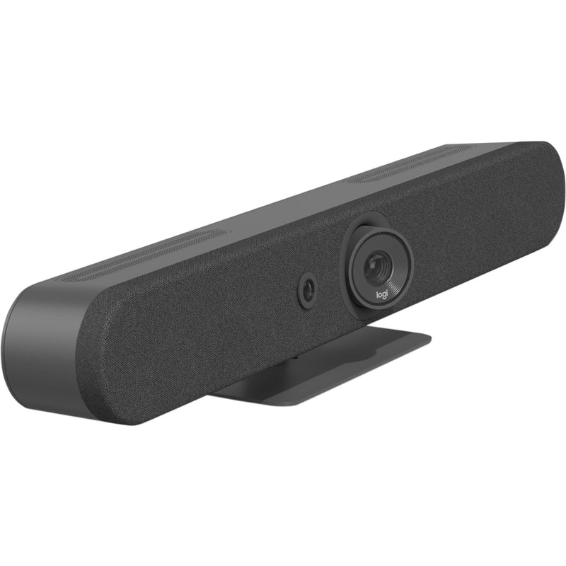 Logitech Rally Bar Mini in graphite color showing front-angled view with integrated camera and speaker system