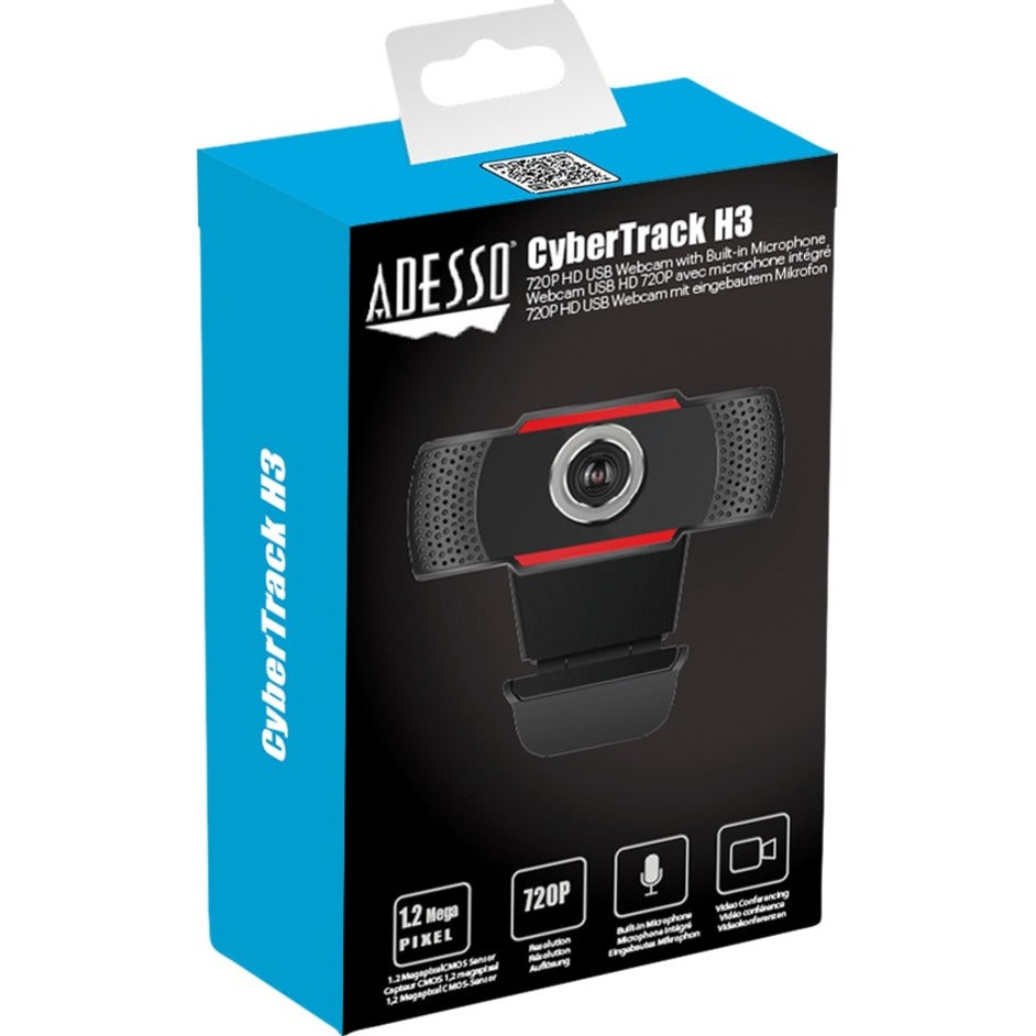 Adesso CYBERTRACK H3-TAA 720P HD USB Webcam with Built-in Microphone, TAA Compliant