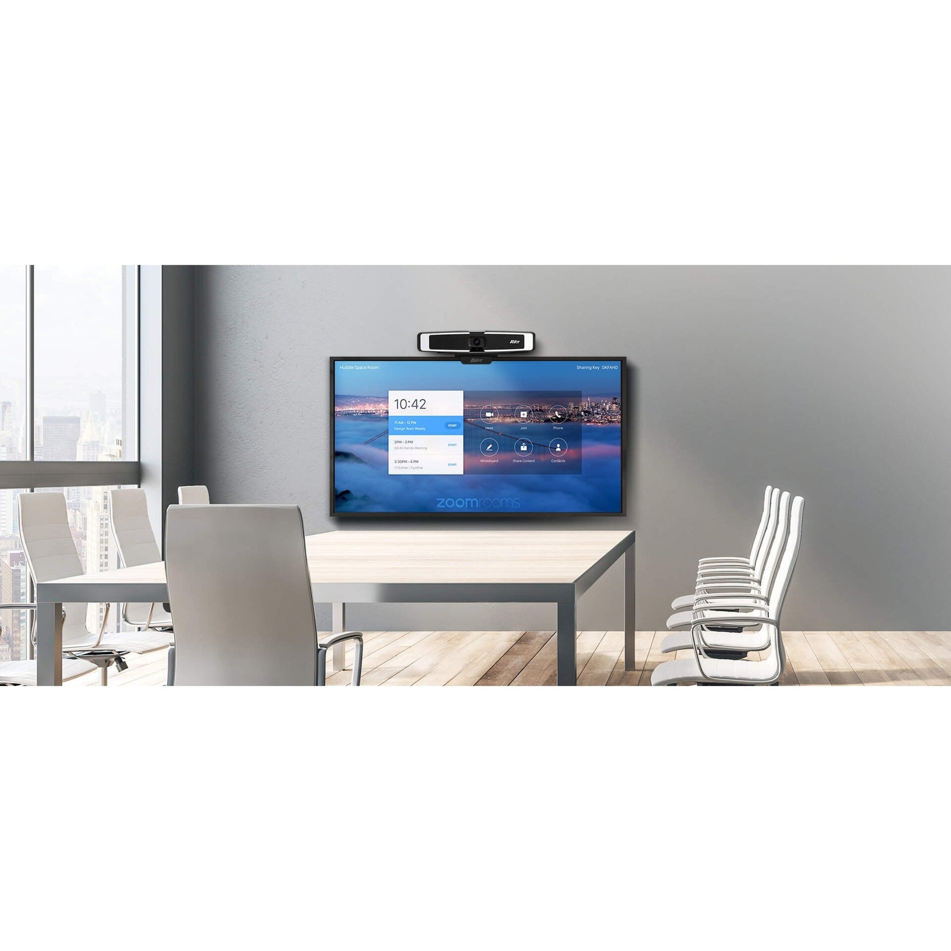 AVer VB130 mounted above display screen in modern conference room setting-alternate-image3