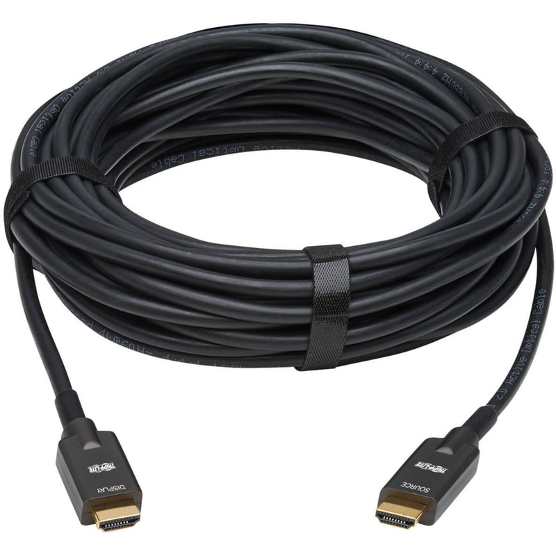 Full length view of Tripp Lite P568FA-10M armored fiber optic HDMI cable with cable management straps