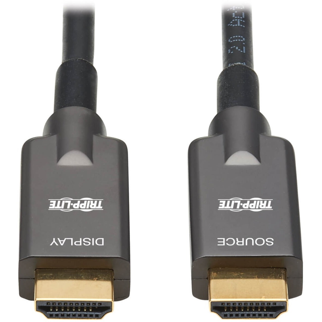 Close-up view of Tripp Lite P568FA-20M HDMI connectors with gold-plated contacts and source/display labels-alternate-image1