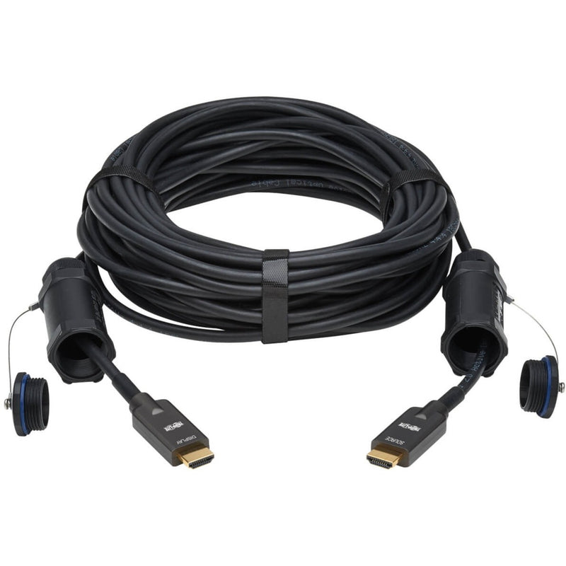 Detailed view of Tripp Lite fiber optic HDMI cable showing armored construction and flexible design