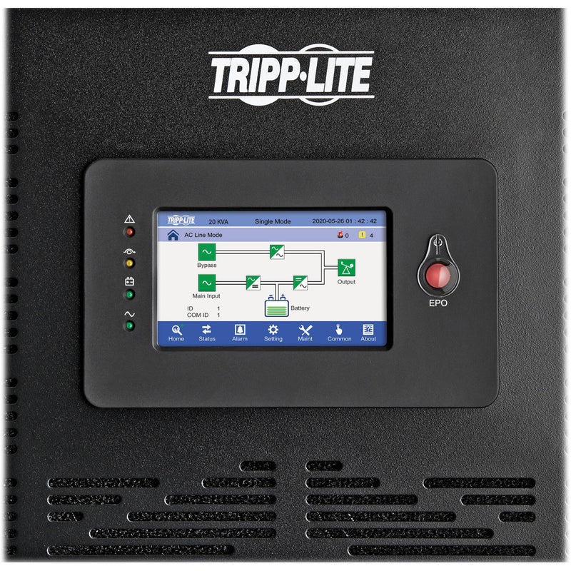 Close-up of S3M80K UPS LCD control panel showing system status and monitoring interface