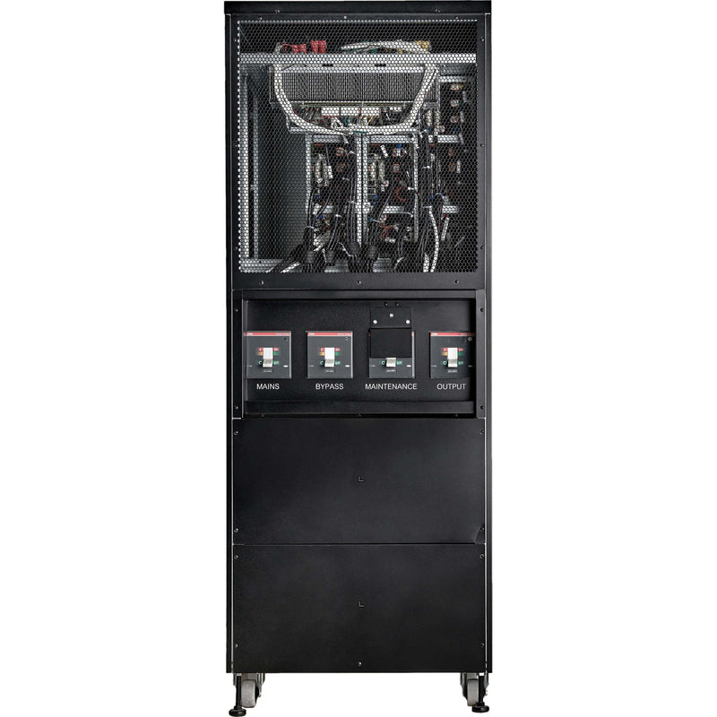 Internal view of S3M80K UPS showing power distribution components and circuit protection