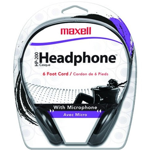 Close-up view of Maxell HP200MIC headset packaging showing product features and specifications-alternate-image3