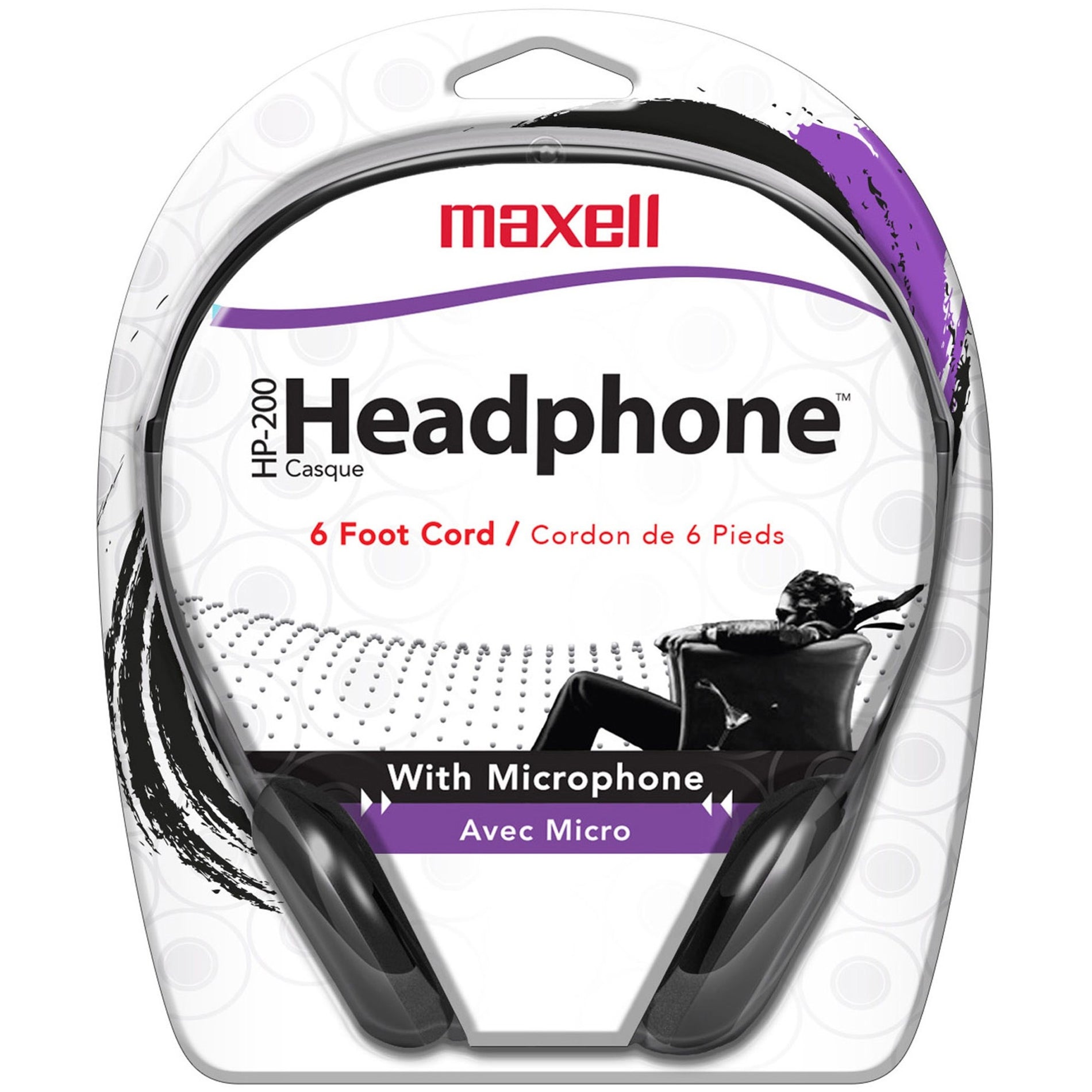 Maxell HP200MIC headset retail packaging showing black headphones with microphone in clear clamshell case-alternate-image1