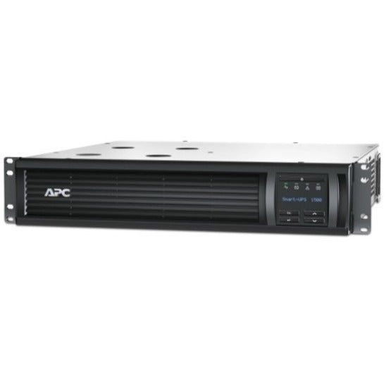 Front view of APC Smart-UPS 1500VA LCD RM 2U rack-mounted UPS showing LCD display panel