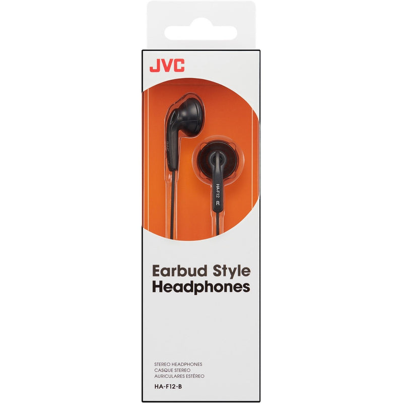 JVC HA-F12B earphones retail packaging featuring orange and white design with product image