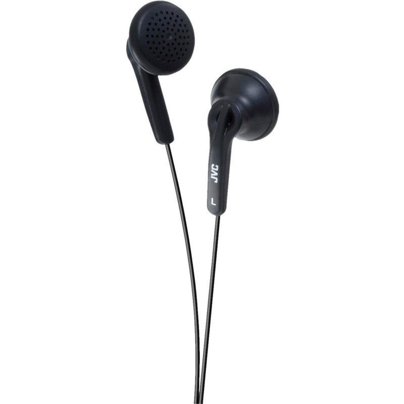 JVC HA-F12B black stereo earbuds with perforated acoustic ports and slim cable design