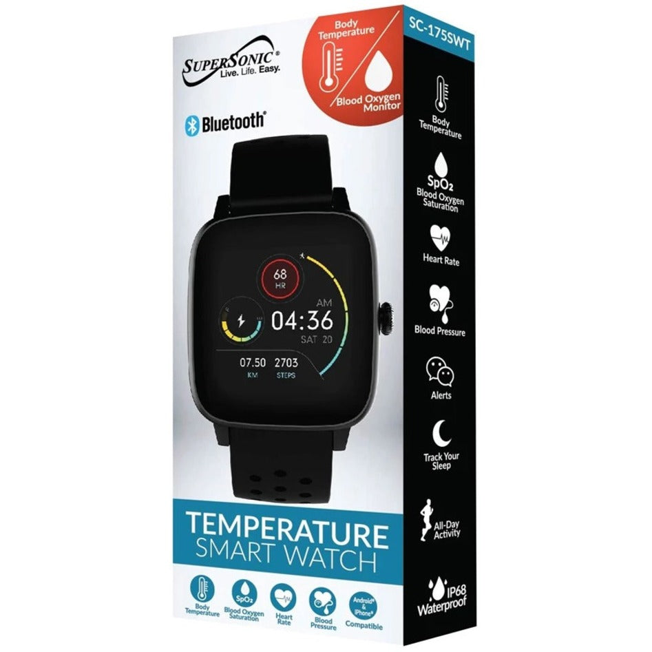 Retail packaging of Supersonic Temperature Smart Watch showing product features and specifications-alternate-image4