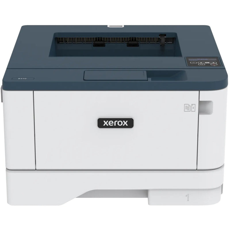 Front view of the Xerox B310/DNI monochrome laser printer in white and gray, showing the output tray and control panel