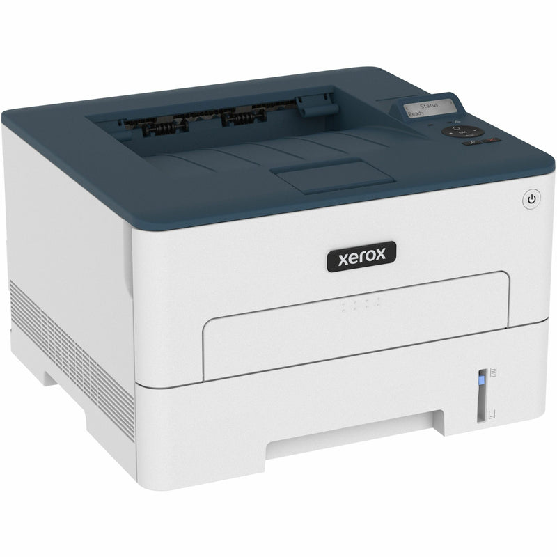 Xerox B230 laser printer in white and slate blue with front paper tray and control panel