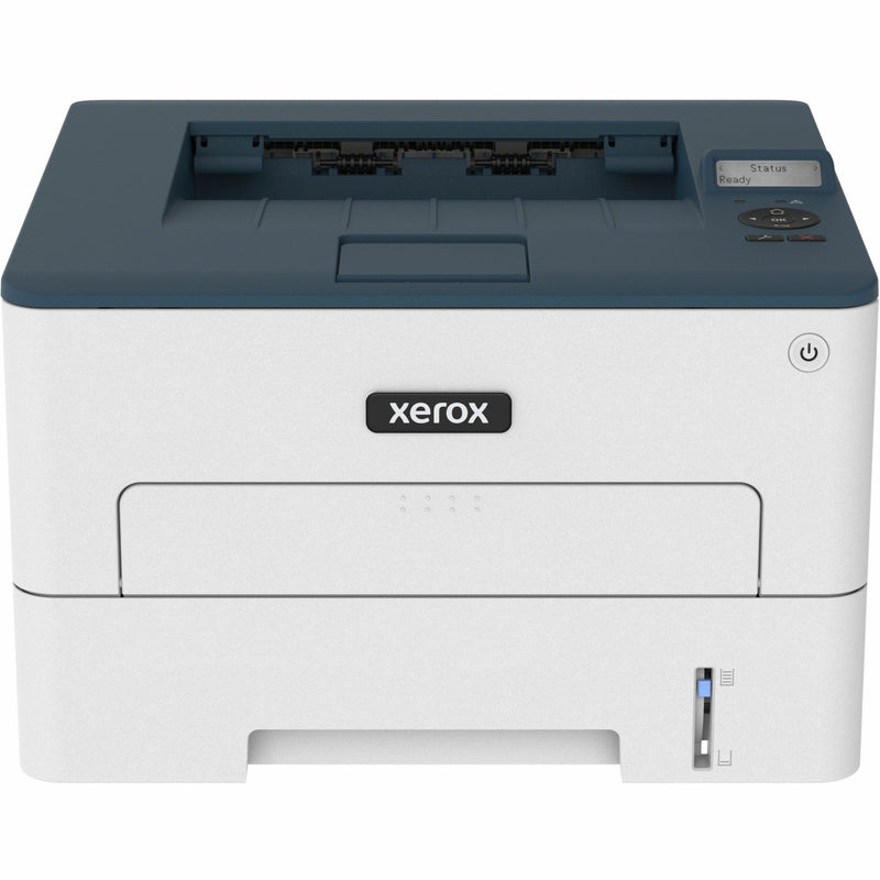 Front view of Xerox B230 printer showing control panel and paper output tray