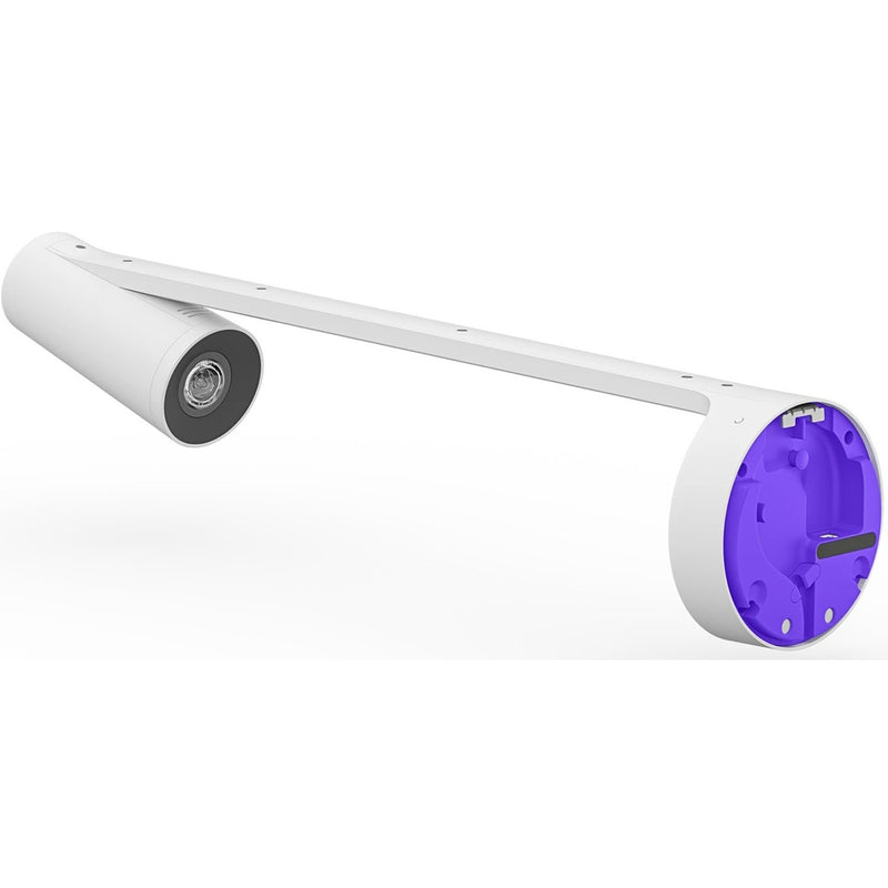 Logitech Scribe video conferencing camera showing cylindrical design with camera module and purple mounting end