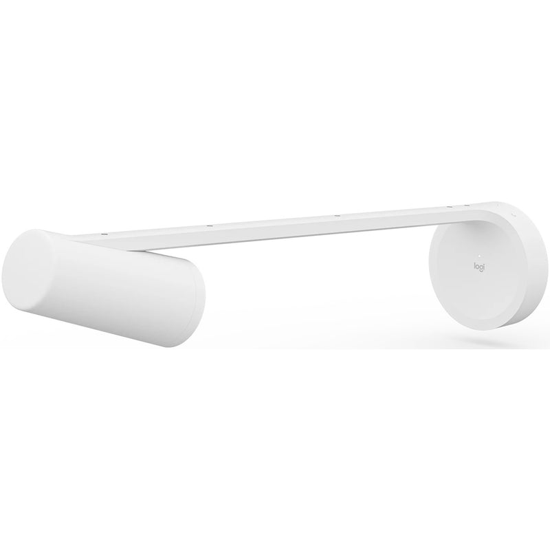 Side profile view of Logitech Scribe showing sleek white design and mounting bracket