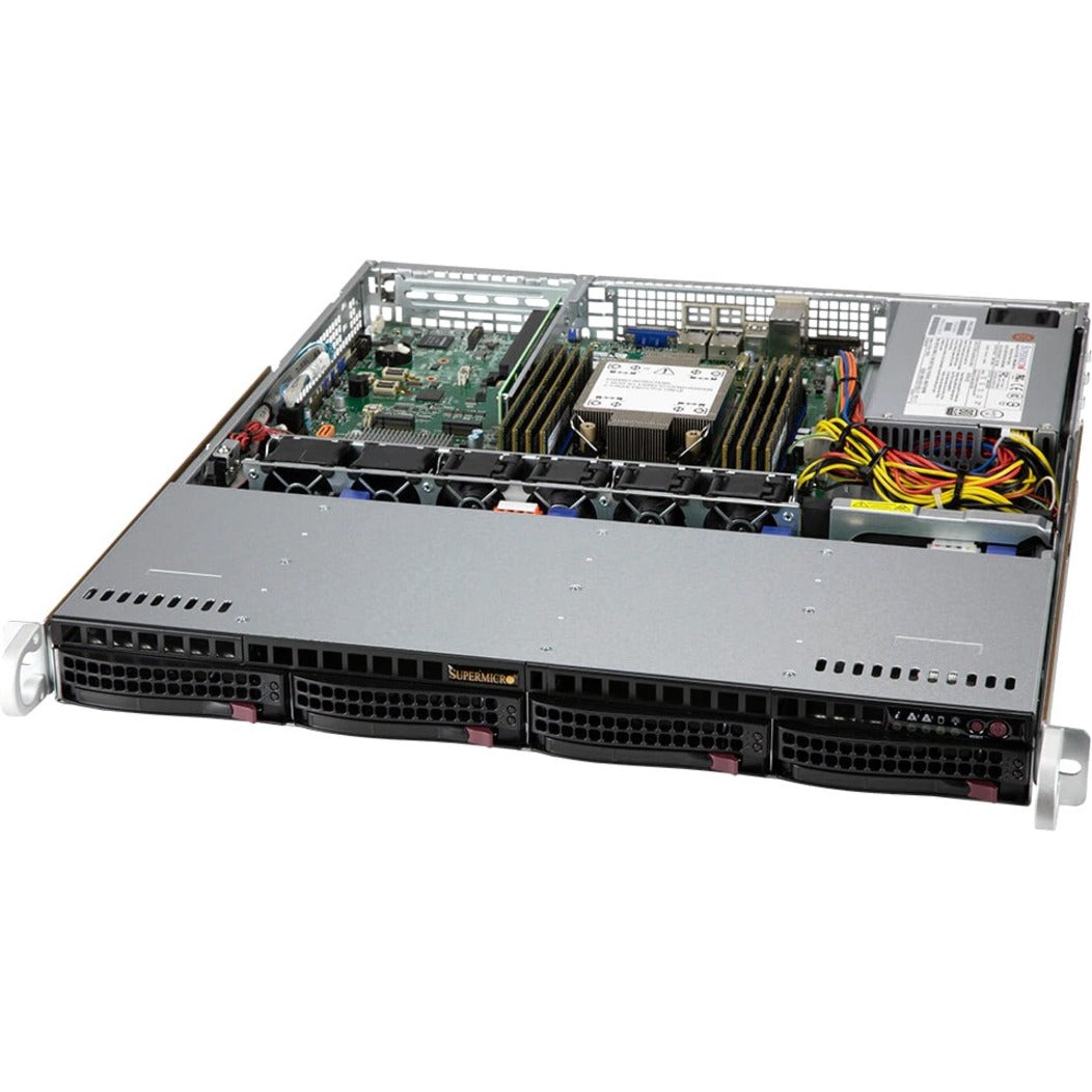 Internal view of Supermicro SYS-510P-M 1U server showing four front-accessible drive bays, motherboard with RAM slots, and cooling system-alternate-image1