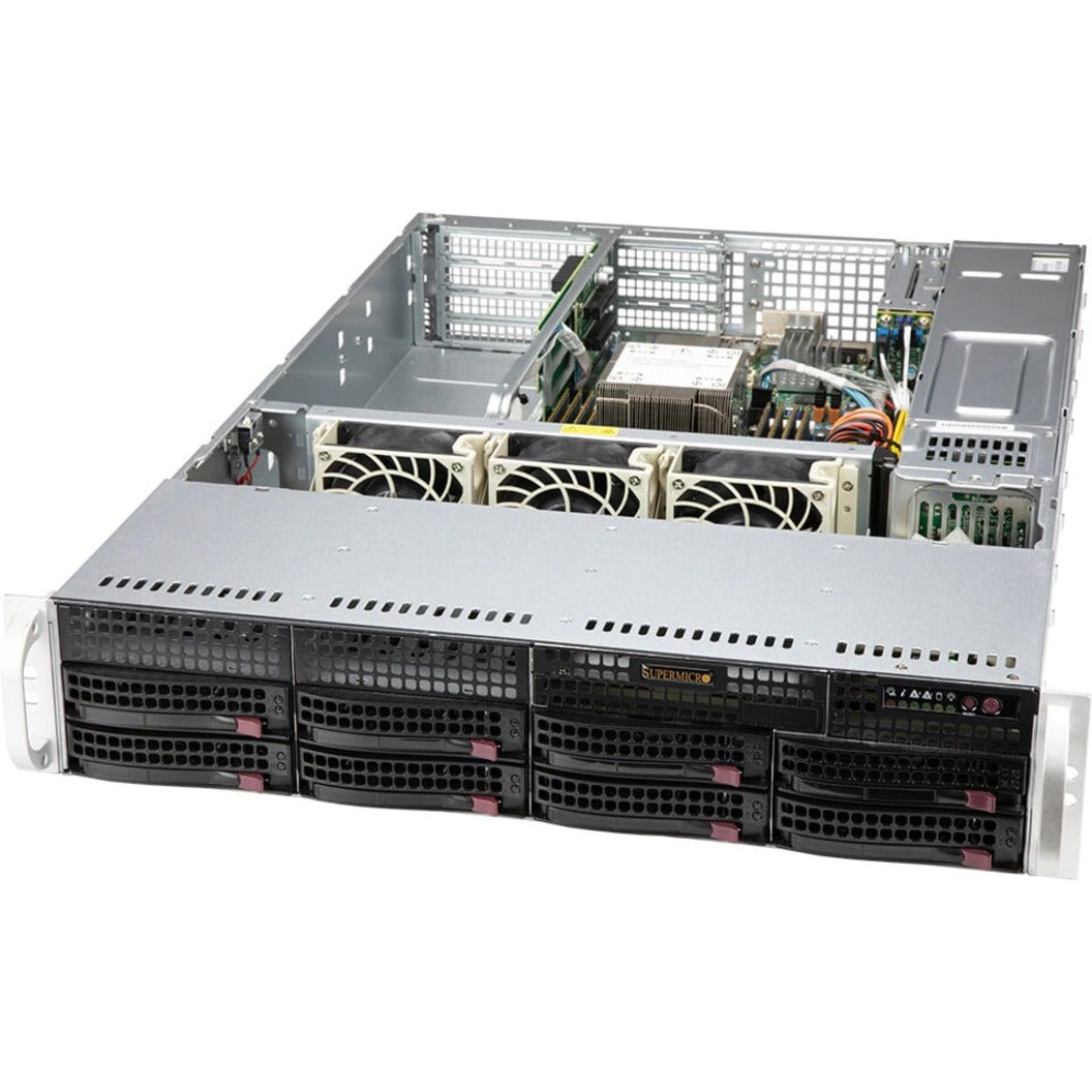 Internal view of Supermicro SYS-520P-WTR 2U server showing hot-swappable drive bays, cooling fans, and component layout-alternate-image1