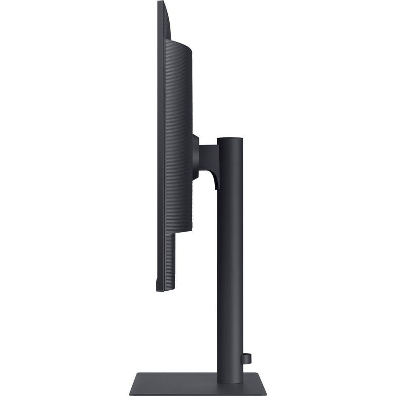 Side profile of Samsung monitor showing height-adjustable stand and pivot capability