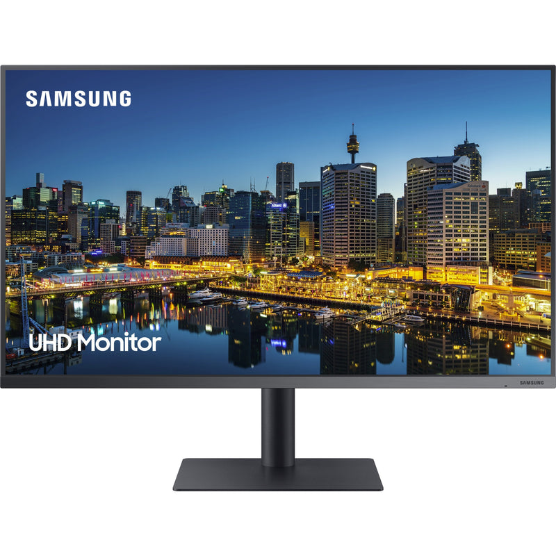 Front view of Samsung UHD monitor with ultra-slim bezels and modern stand design