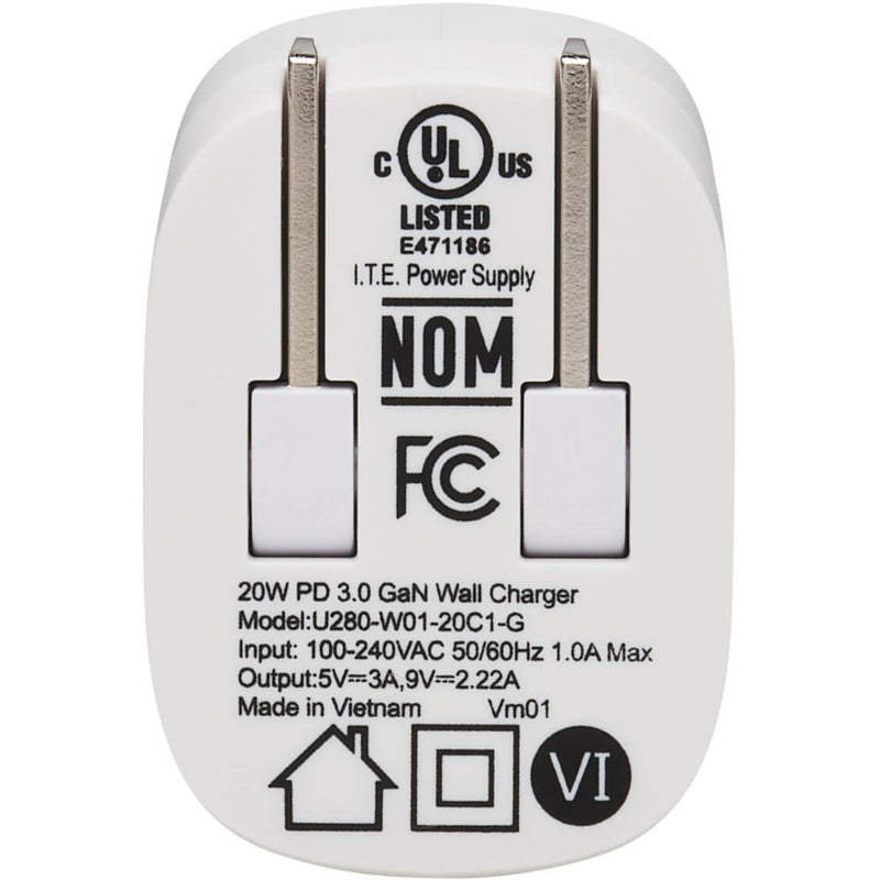 Safety certification markings and specifications on Tripp Lite wall charger