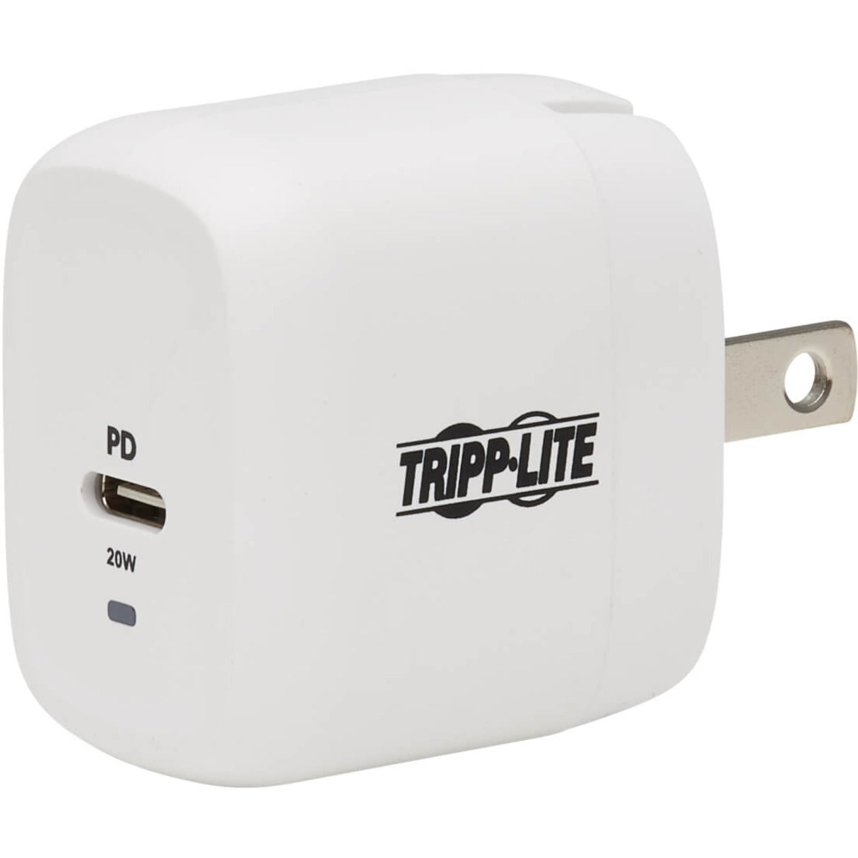 Front view of white Tripp Lite USB-C wall charger showing 20W PD port and LED indicator-alternate-image1