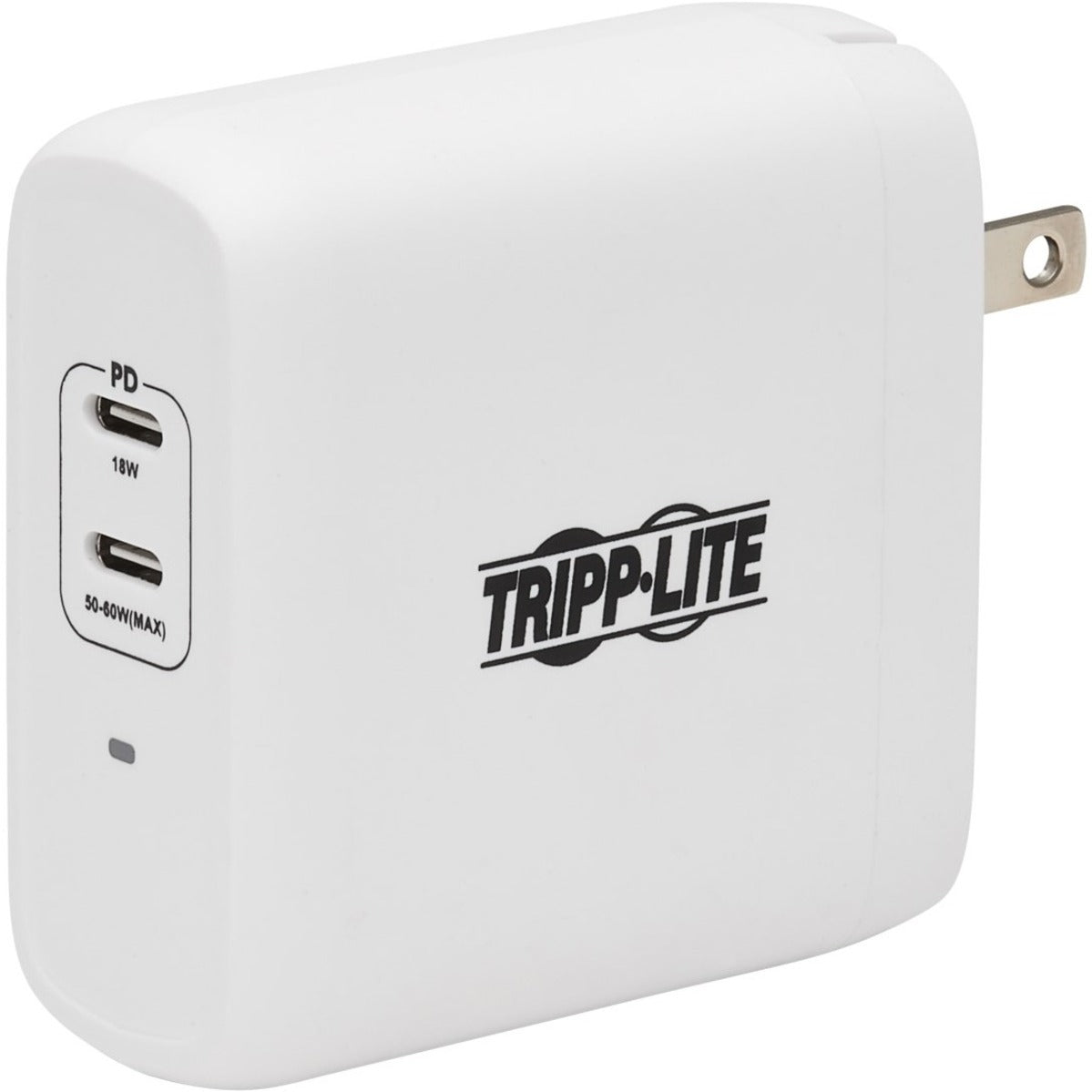 Front view of white Tripp Lite USB-C charger showing dual USB-C ports with power ratings-alternate-image1