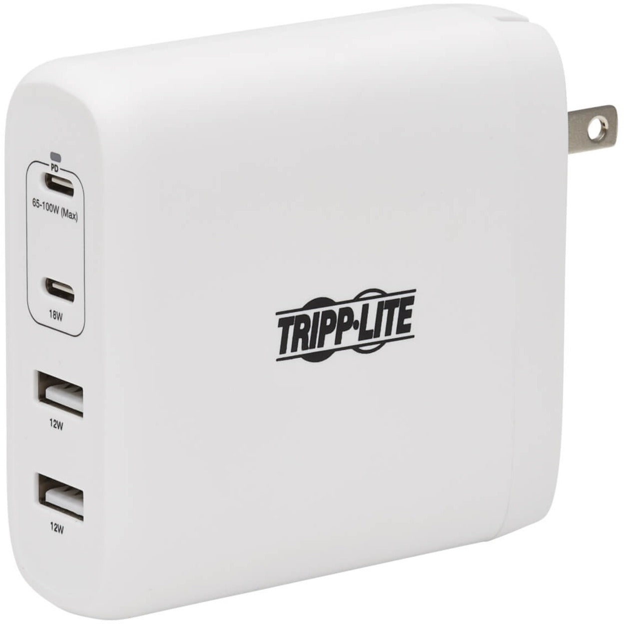 Front view of white Tripp Lite power adapter showing dual USB-C ports and dual USB-A ports-alternate-image1