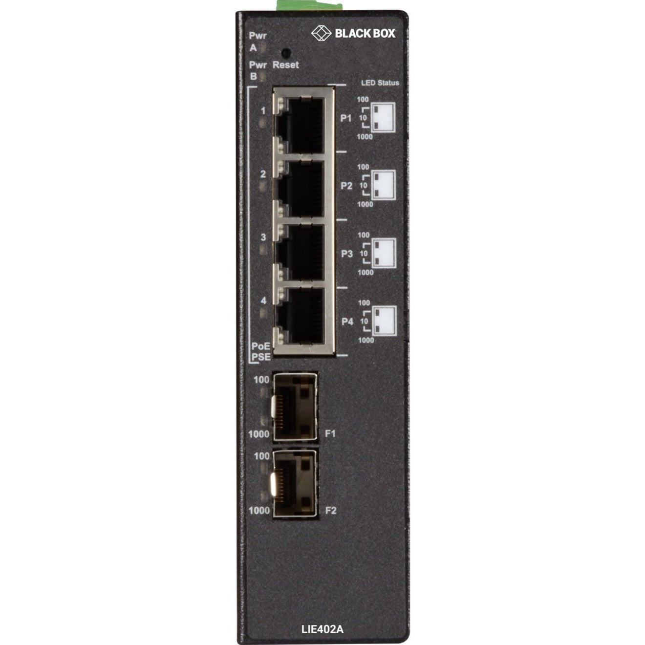 Close-up view of Black Box LIE402A ports showing RJ-45 and SFP connections with status LEDs-alternate-image3