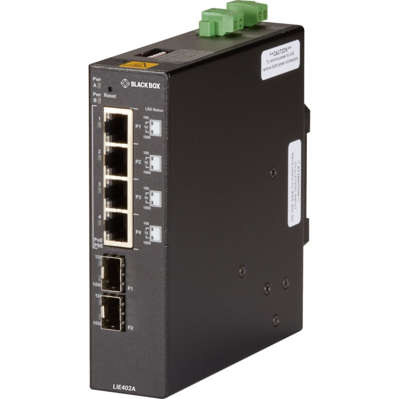 Front view of Black Box LIE402A industrial Ethernet switch showing four RJ-45 ports, two SFP ports, and LED status indicators-alternate-image1