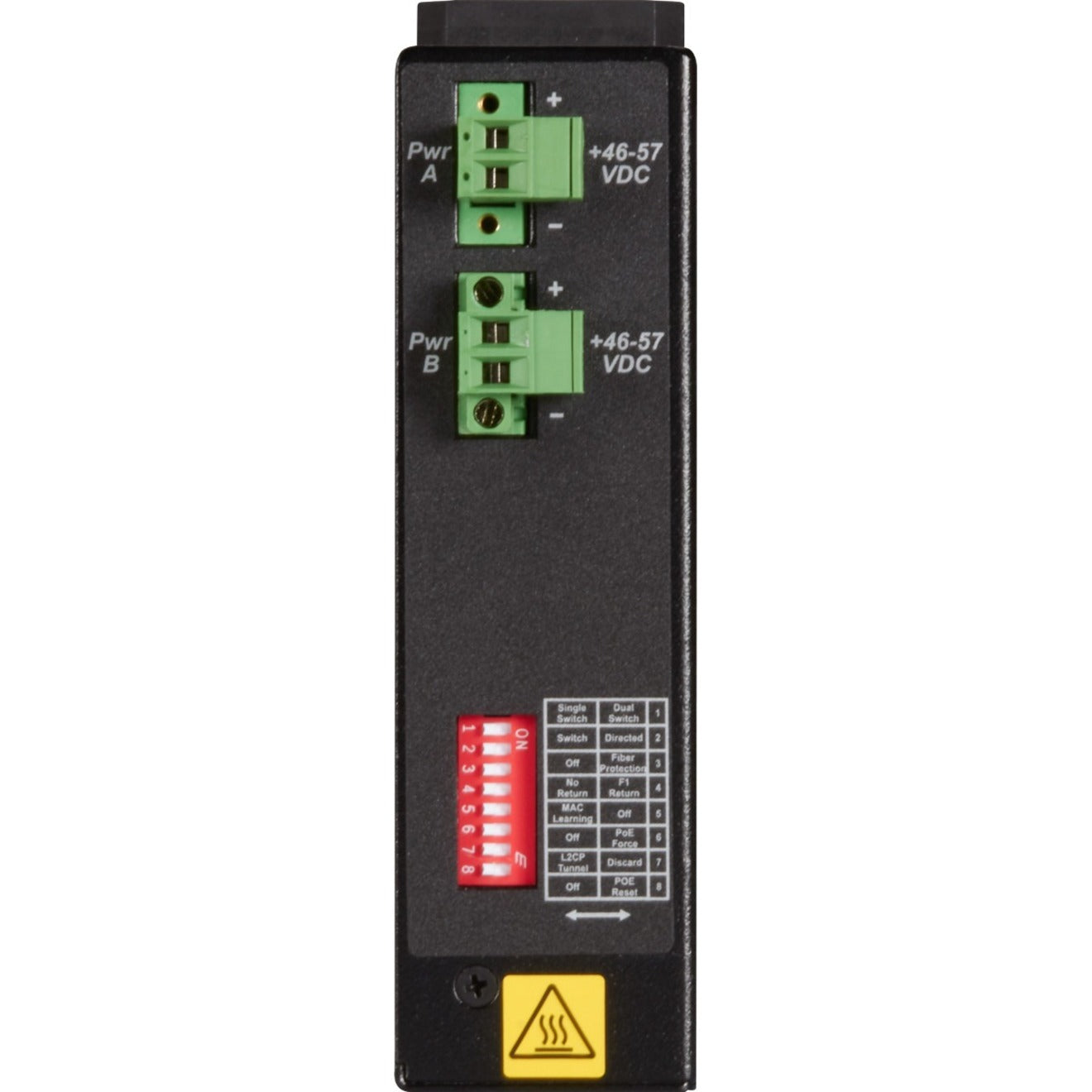 Side view of Black Box LIE402A showing dual power inputs and DIP switch configuration panel-alternate-image2