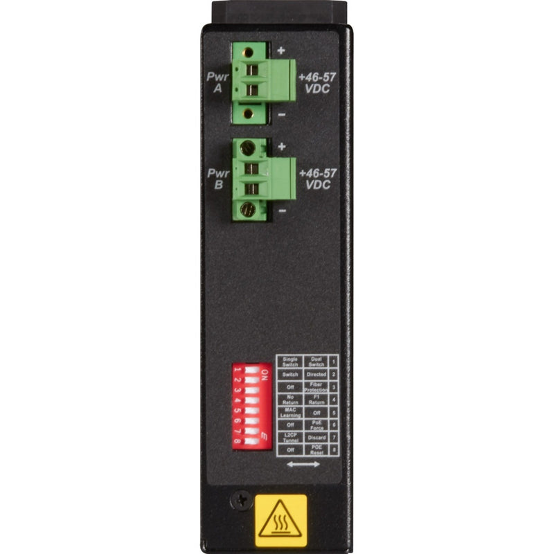 Side view of Black Box LIE402A showing dual power inputs and DIP switch configuration panel