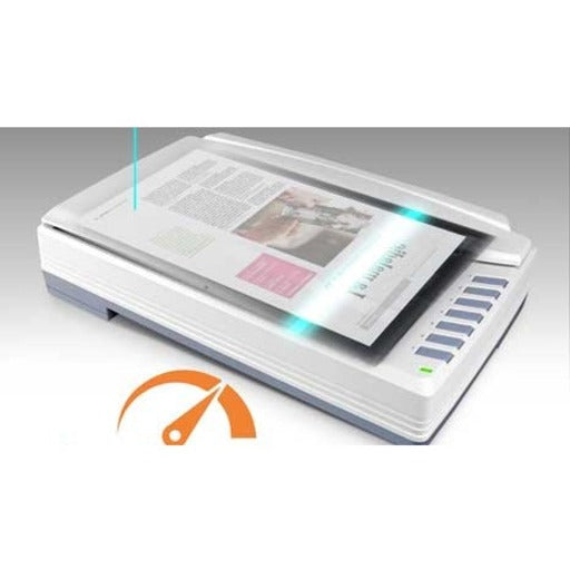 Scanner in operation with speed indicator graphic and scanning preview display