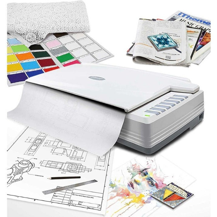 Composite image showing scanner with various media types including technical drawings, color samples, and artwork