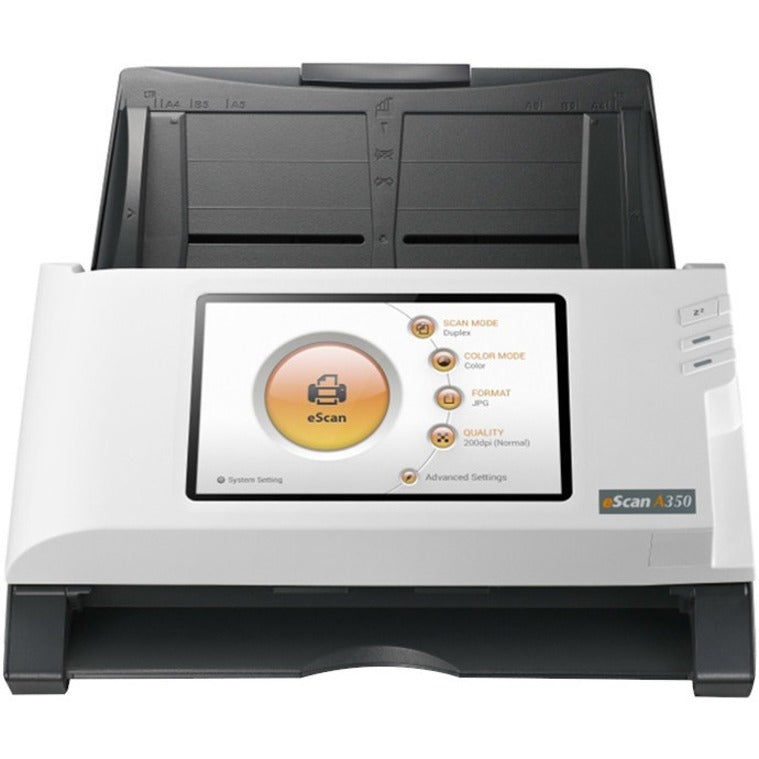 Front view of Plustek eScan A350 network document scanner with touchscreen interface