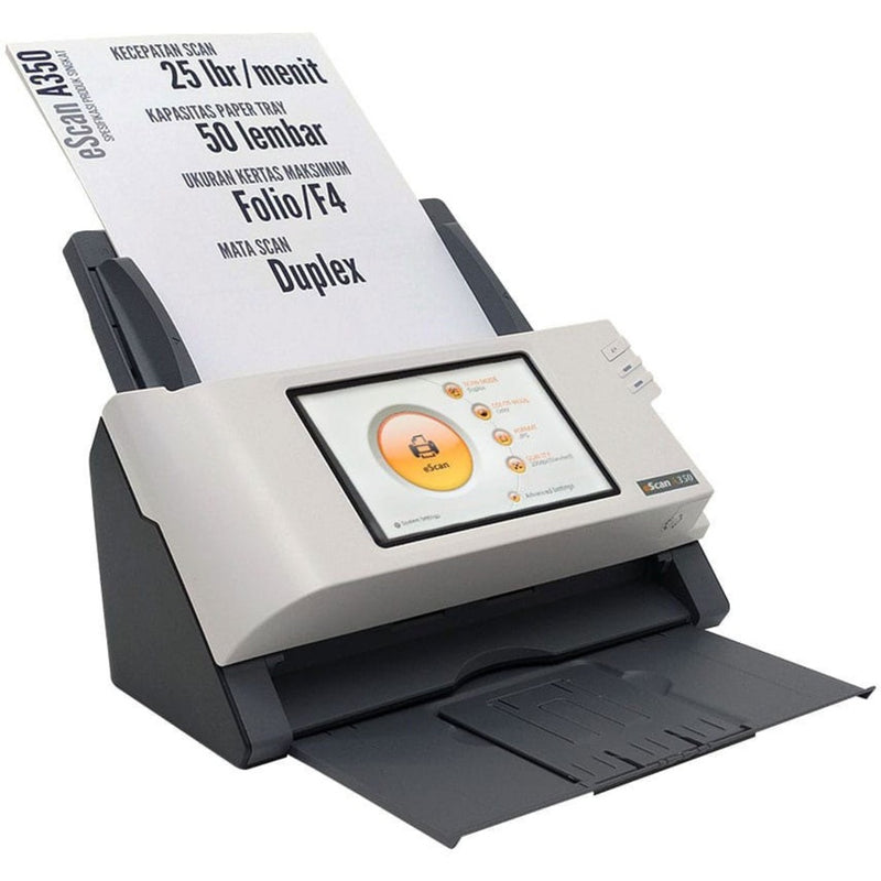 Side view of eScan A350 showing document feeder capacity and specifications