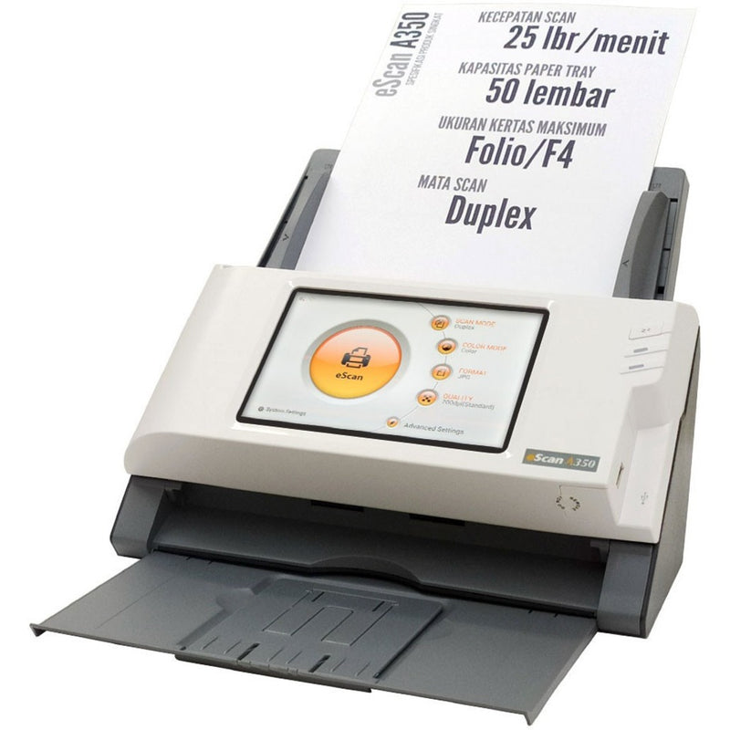 Angled view of eScan A350 scanner showing paper feed mechanism and display screen